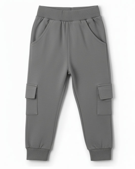 Grey Loop Knit Cotton Cargo Jogger with Pockets for Boys & Girls