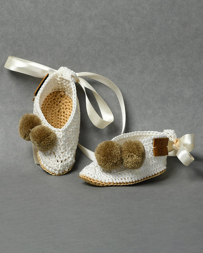 Off White Handmade Pom Pom Crochet Booties for Girls