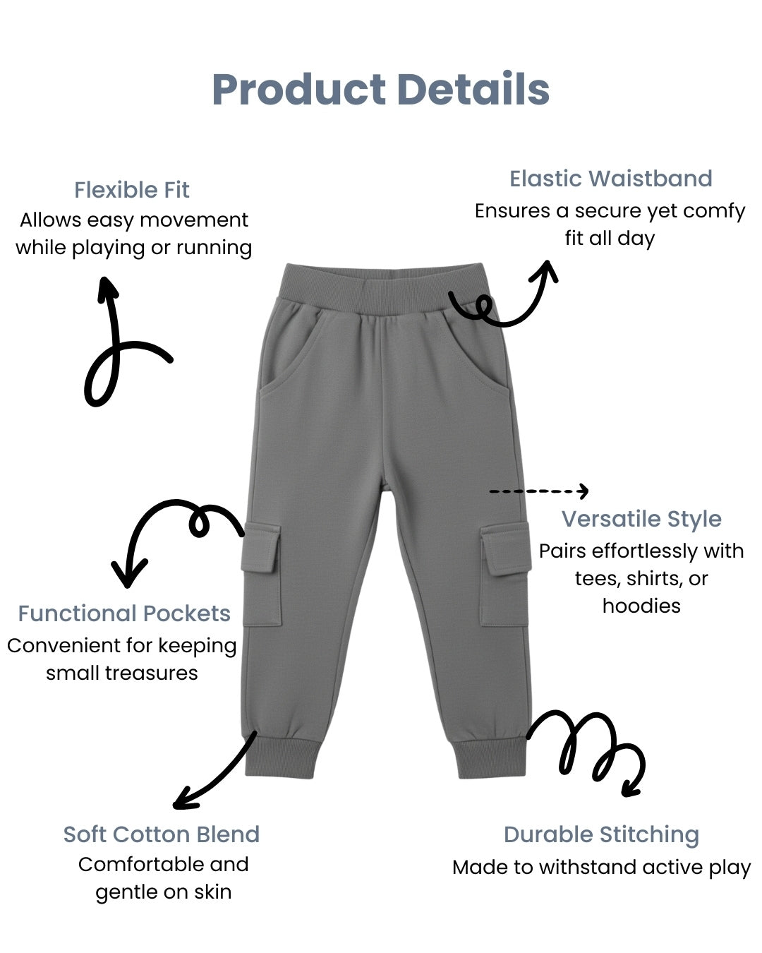 Grey Loop Knit Cotton Cargo Jogger with Pockets for Boys & Girls