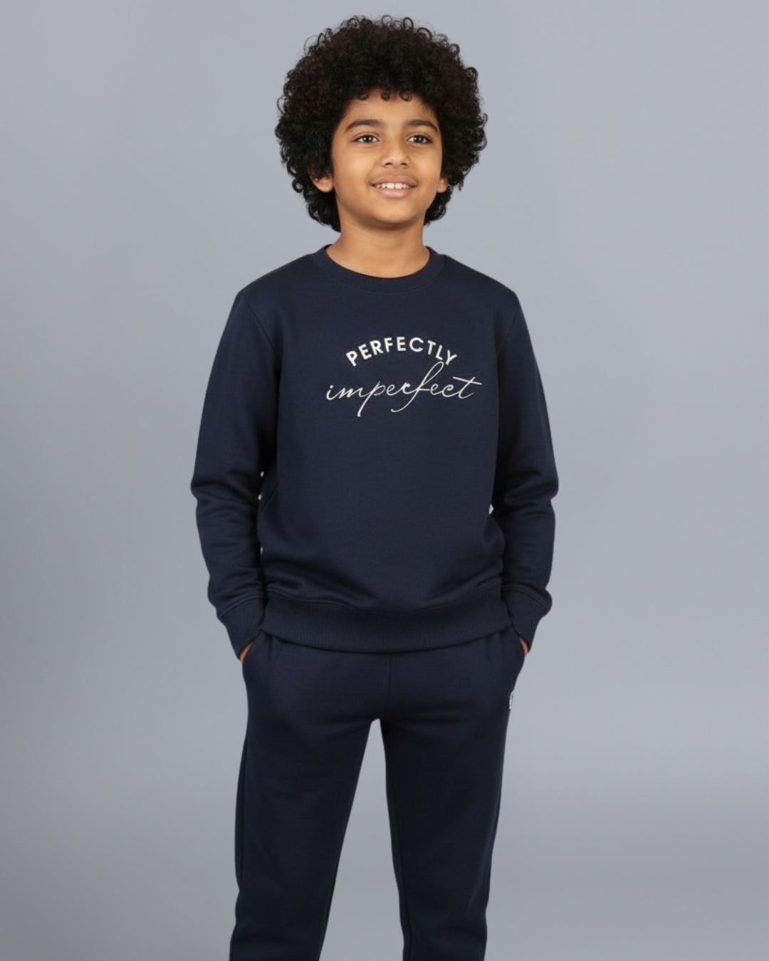Navy Blue Pure Cotton Typographic Joggers Set with Pockets for Boys & Girls
