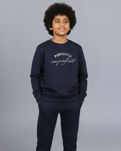 Navy Blue Pure Cotton Typographic Joggers Set with Pockets for Boys & Girls