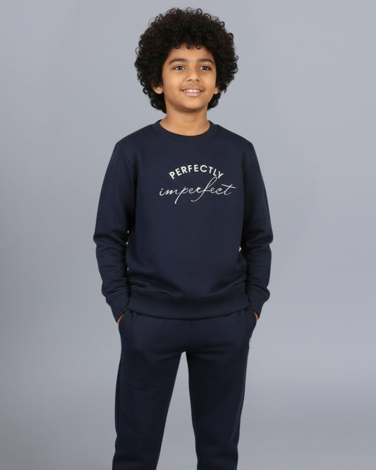 Navy Blue Pure Cotton Typographic Joggers Set with Pockets for Boys & Girls