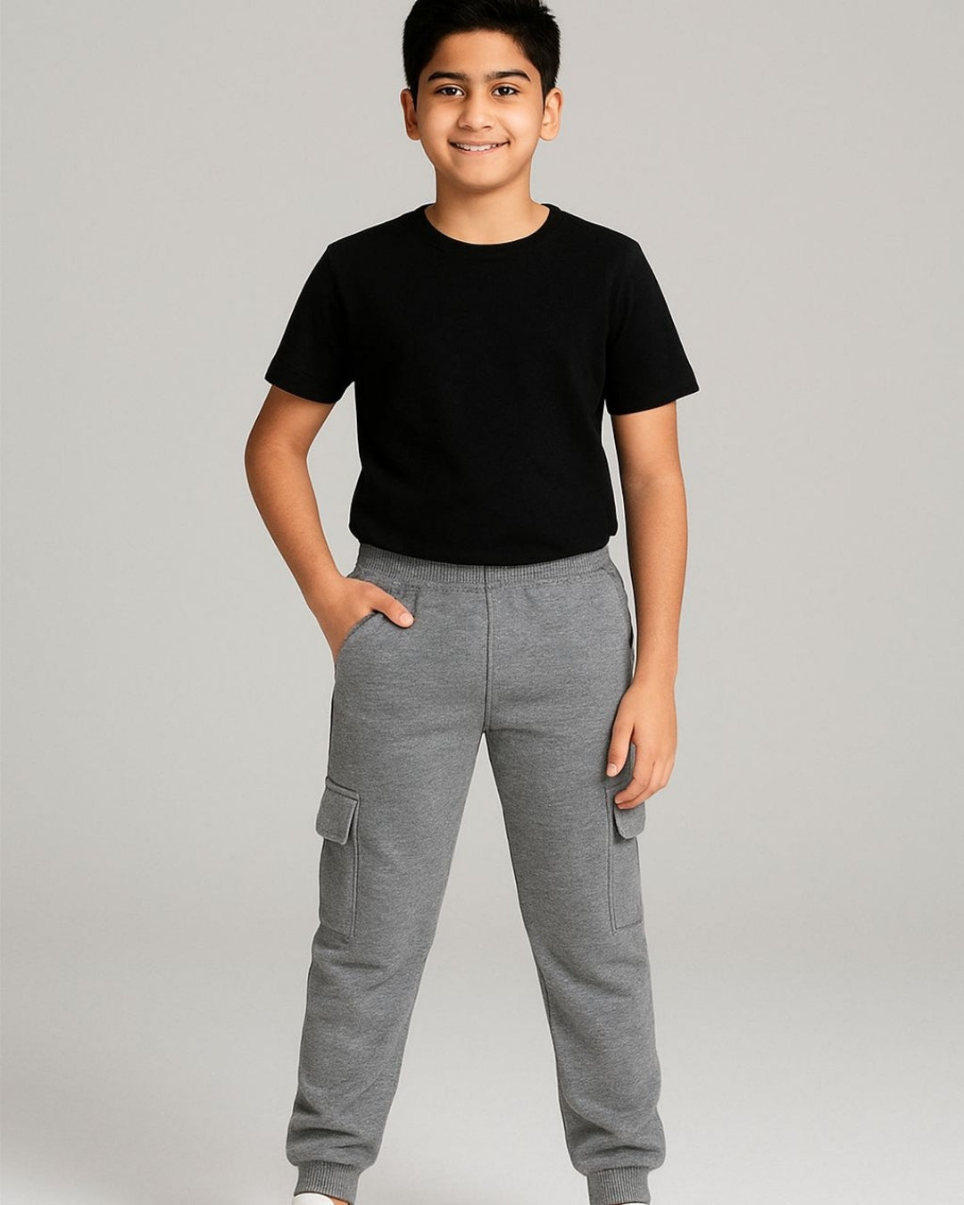 Grey Loop Knit Cotton Cargo Jogger with Pockets for Boys & Girls