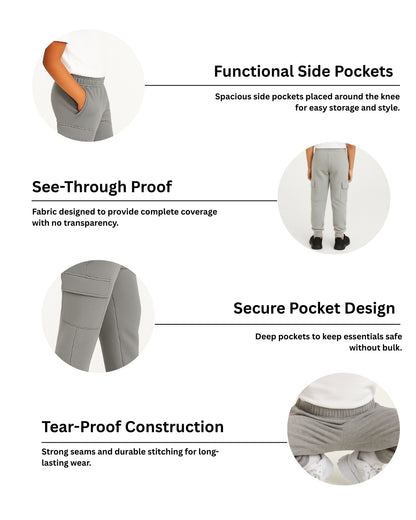 Grey Loop Knit Cotton Cargo Jogger with Pockets for Boys & Girls