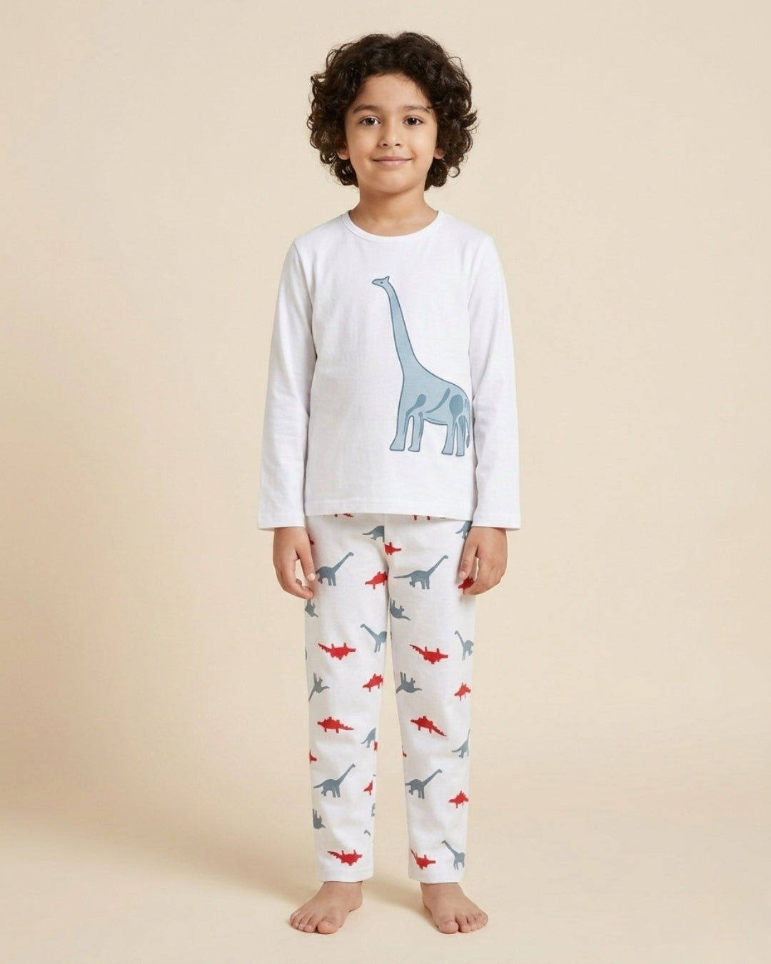 Dinosaur Printed Premium Cotton Full Sleeves White T-Shirt & Pyjama for Boys & Girls
