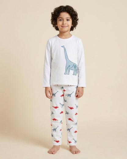 Dinosaur Printed Premium Cotton Full Sleeves White T-Shirt & Pyjama for Boys & Girls
