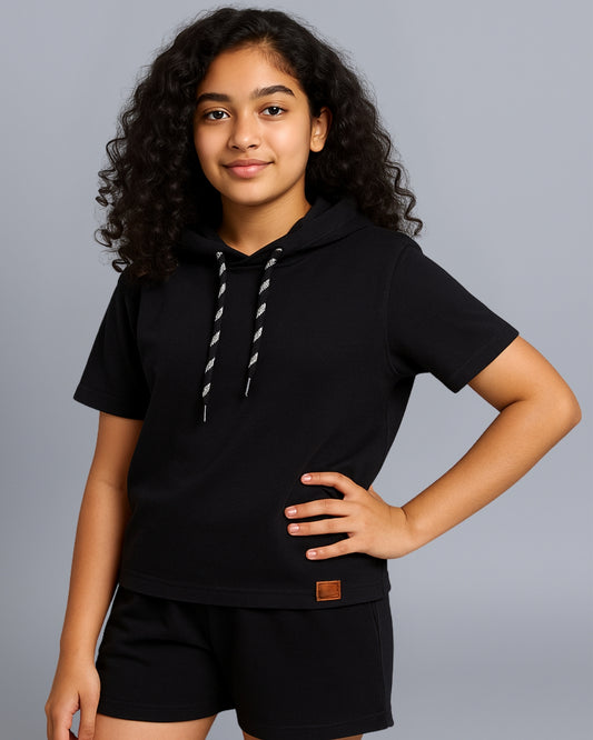 Black Premium Cotton Half Sleeves Solid Hooded T-Shirt & Shorts Set for Girls