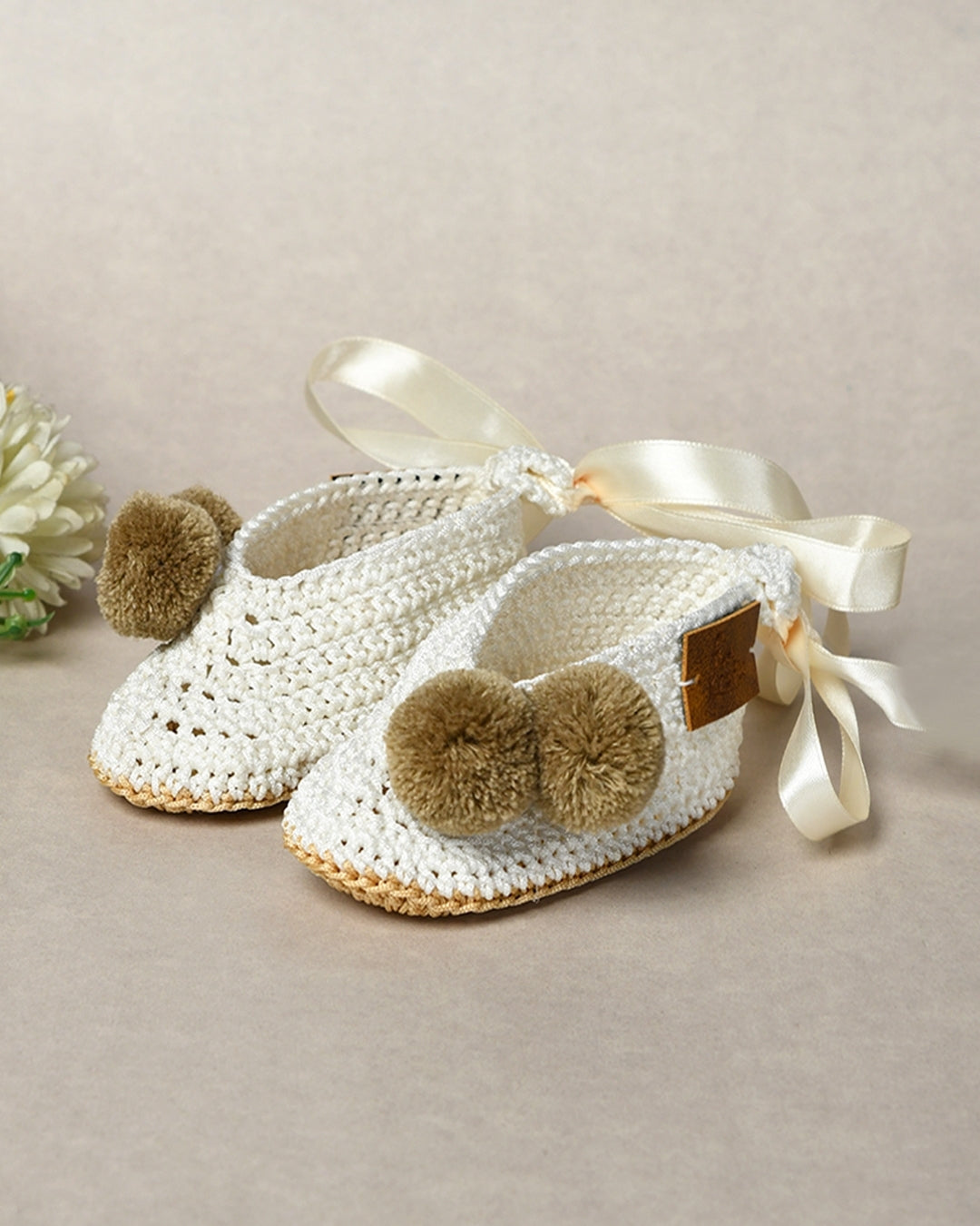 Off White Handmade Pom Pom Crochet Booties for Girls