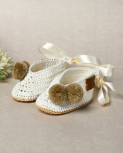 Off White Handmade Pom Pom Crochet Booties for Girls