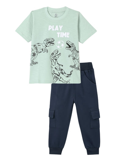 Dinosaur Printed Premium Cotton Half Sleeves Green T-Shirt with Navy Blue Jogger for Boys