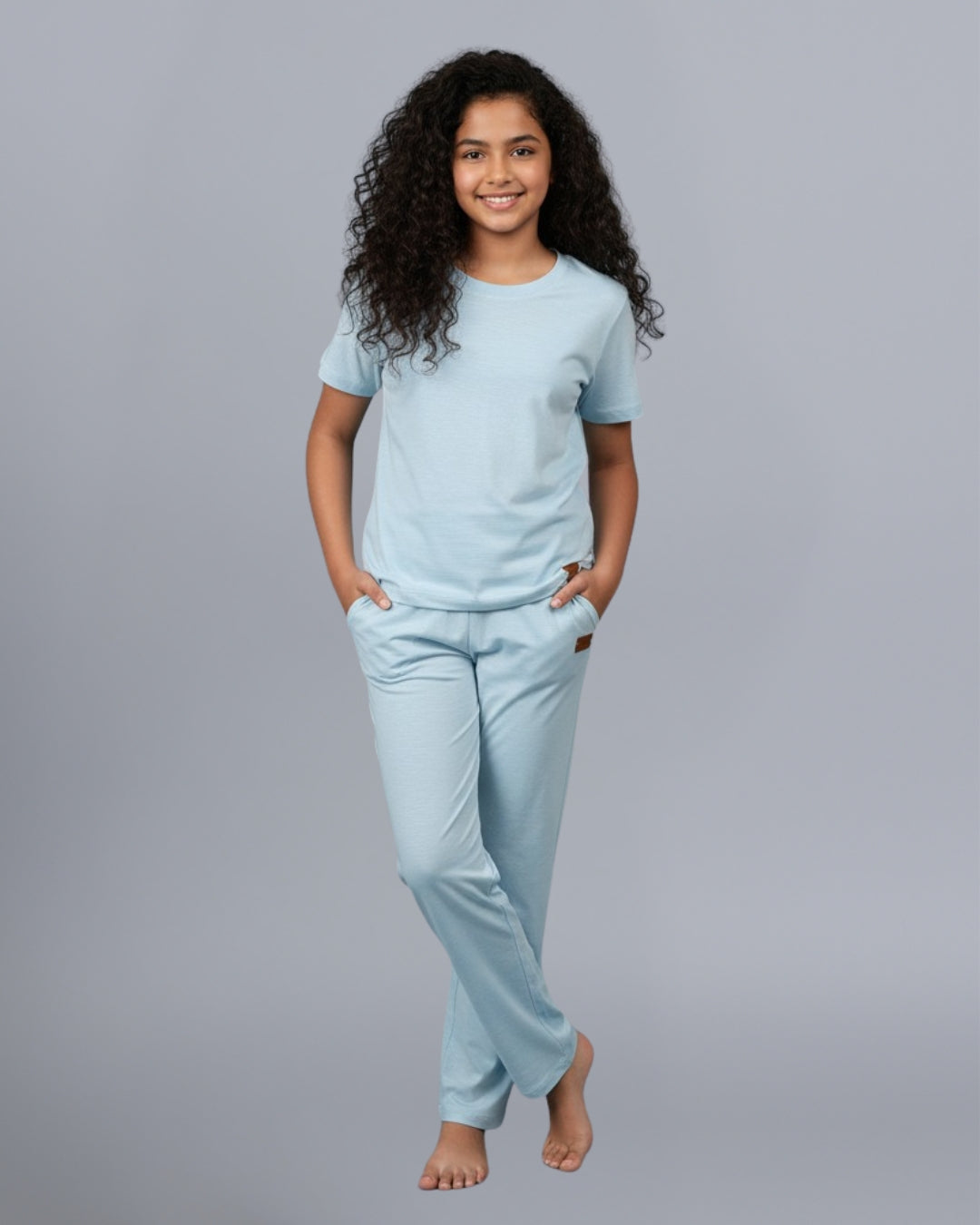 Blue Premium Cotton Half Sleeves Solid Co-ord Set for Girls