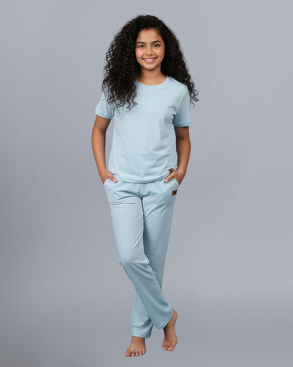 Blue Premium Cotton Half Sleeves Solid Co-ord Set for Girls