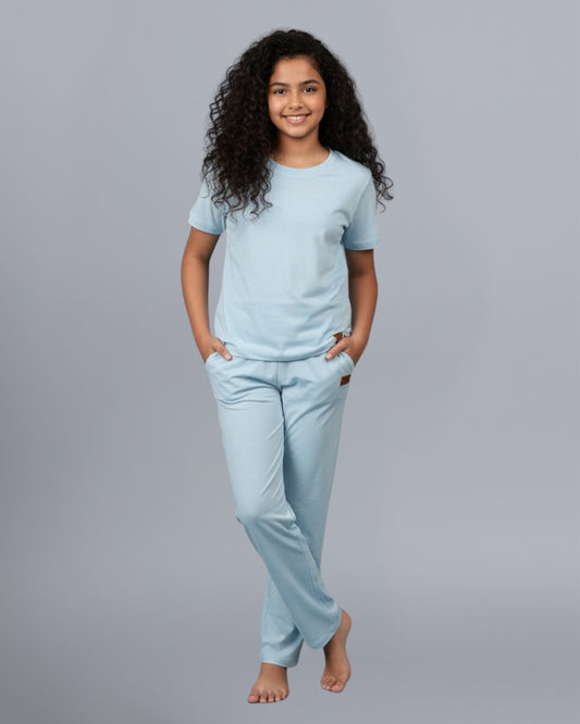 Blue Premium Cotton Half Sleeves Solid Co-ord Set for Girls