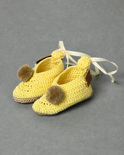 Cream Handmade Pom Pom Crochet Booties for Girls