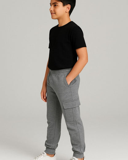 Grey Loop Knit Cotton Cargo Jogger with Pockets for Boys & Girls