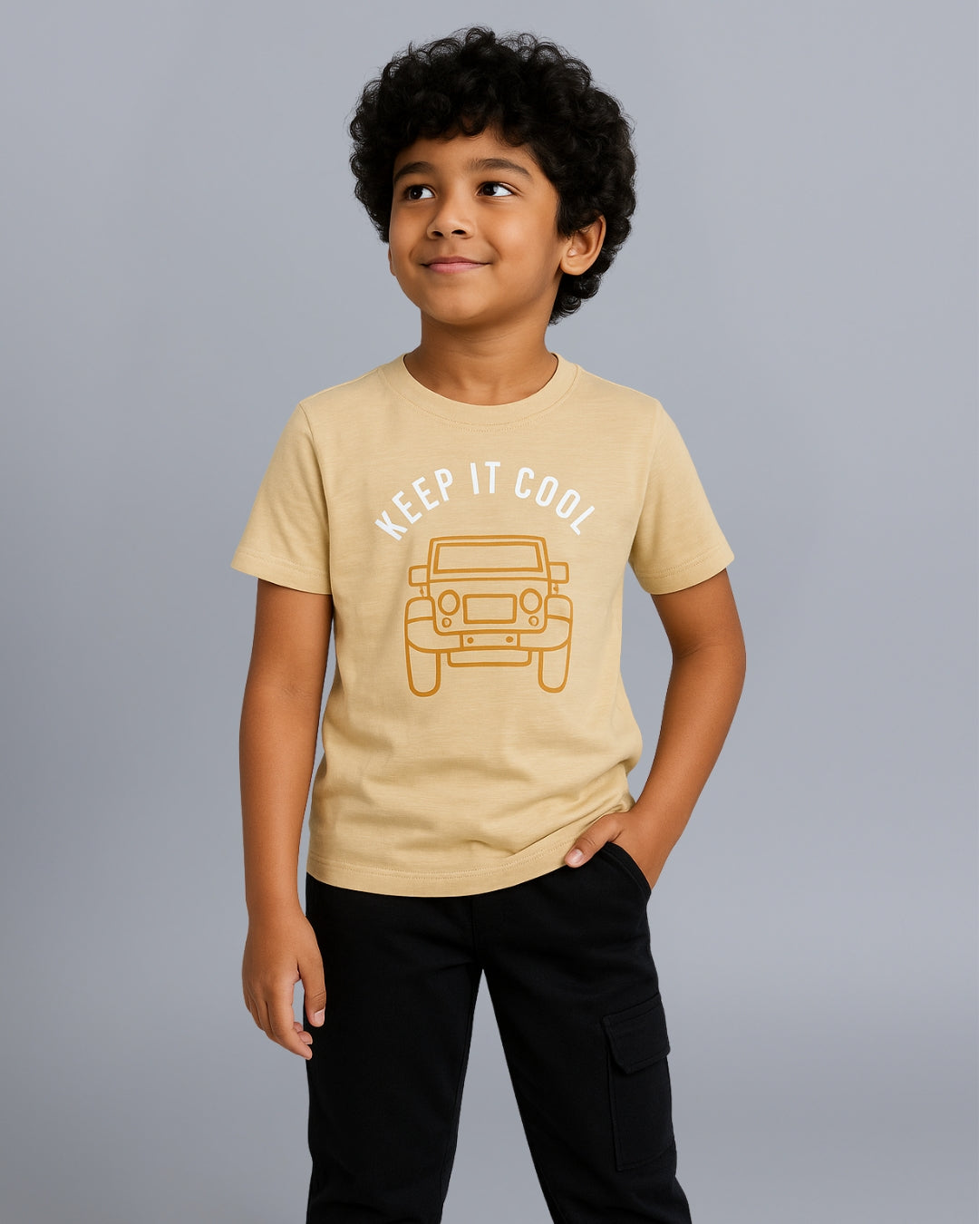 Car Printed Premium Cotton Half Sleeves Yellow T-Shirt with Black Jogger for Boys