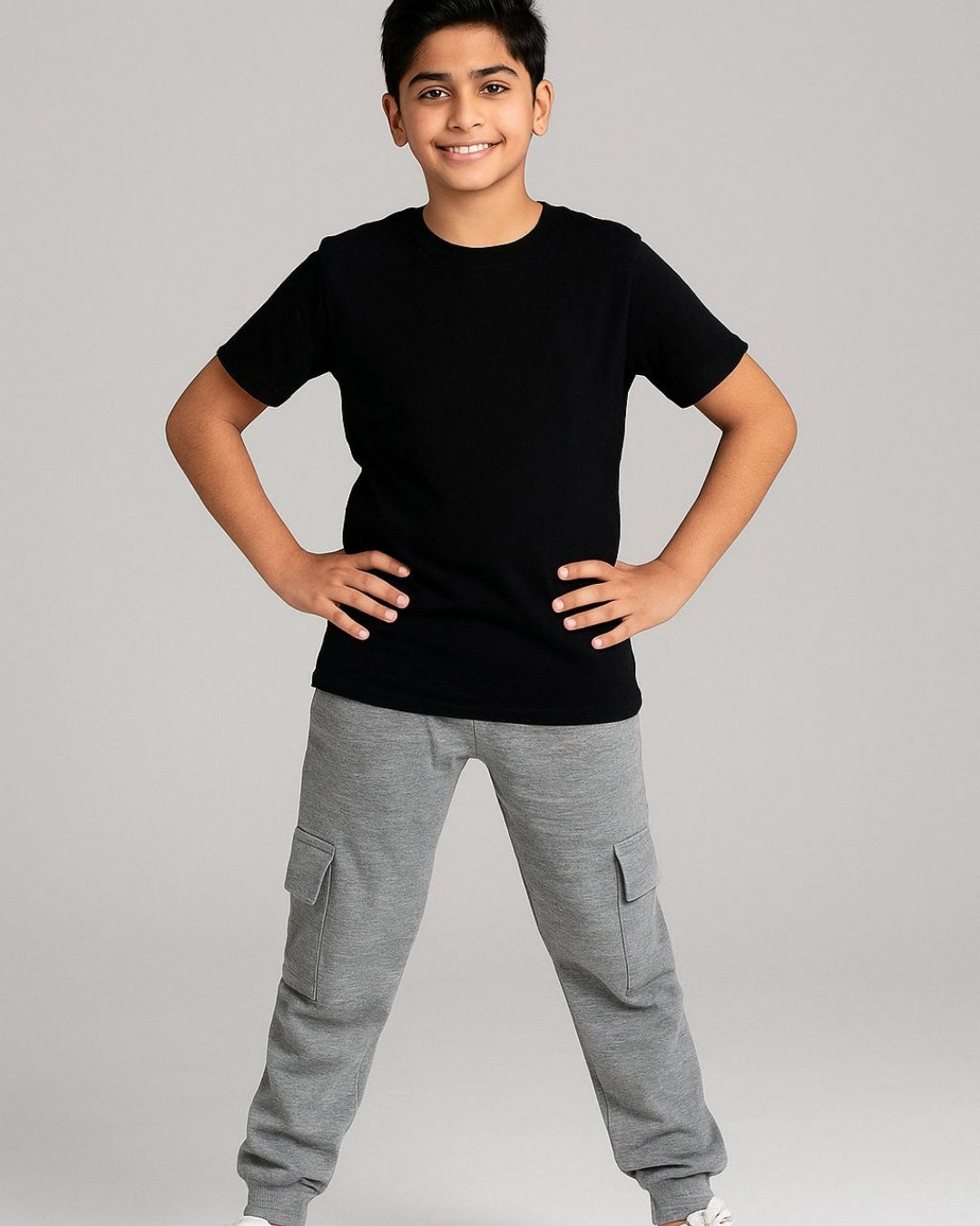 Grey Loop Knit Cotton Cargo Jogger with Pockets for Boys & Girls