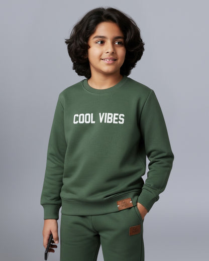 Green Premium Cotton Full Sleeves Typographic Printed Co-ord Set for Boys & Girls