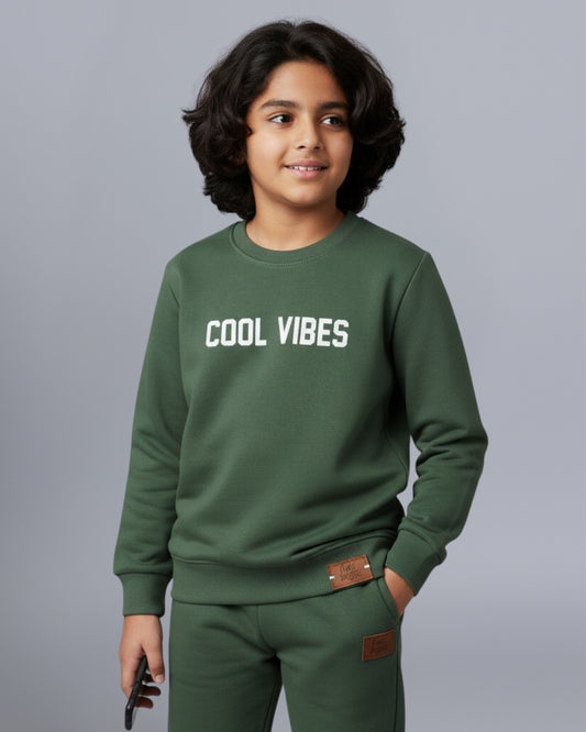 Green Premium Cotton Full Sleeves Typographic Printed Co-ord Set for Boys & Girls