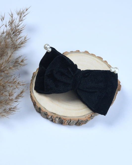 Pearl Embellished Velvet Bow - Black