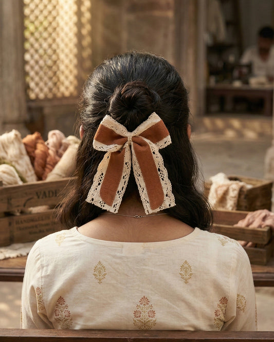 Mustard Brown Velvet & Lace Bow with Tail Alligator Hairclip