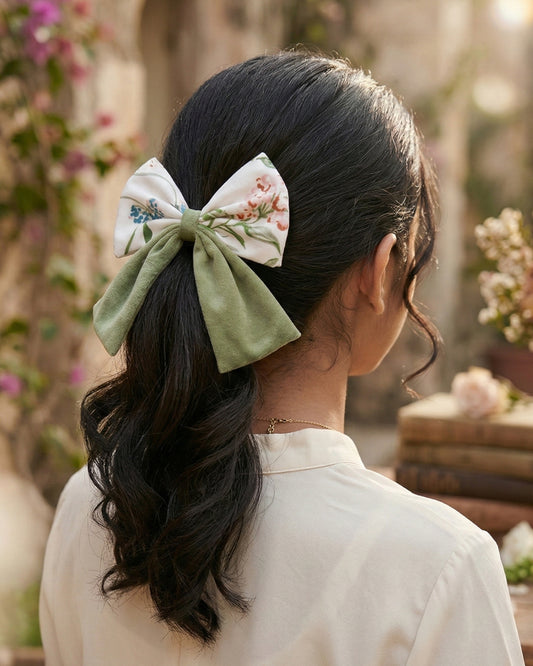 Green Velvet Bow with Tail Alligator Hairclip