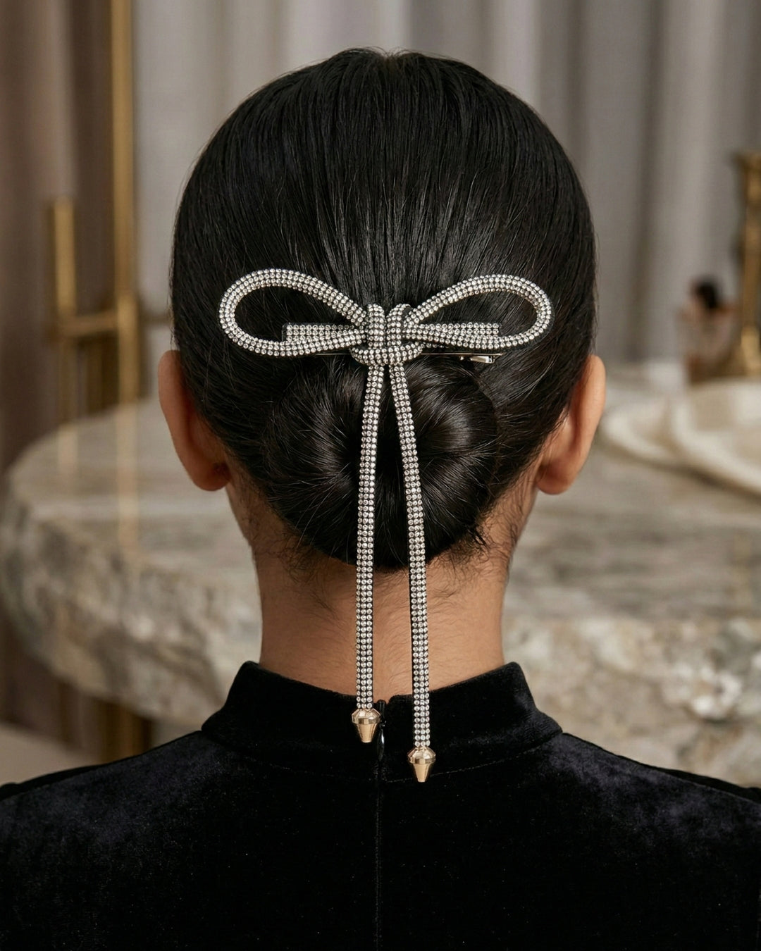 Black & Silver Crystal Hair Bow Barrette Clip