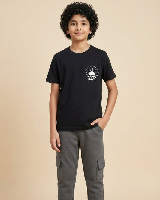Typographic Printed Premium Cotton Half Sleeves Black T-Shirt with Grey Jogger for Boys