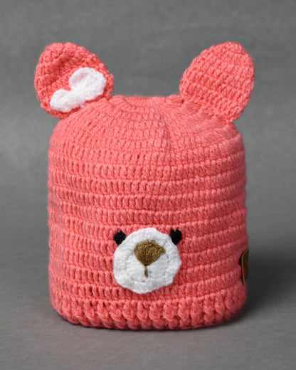 Pink Self Design Beanie Handmade Knitted Woollen Cap for Girls