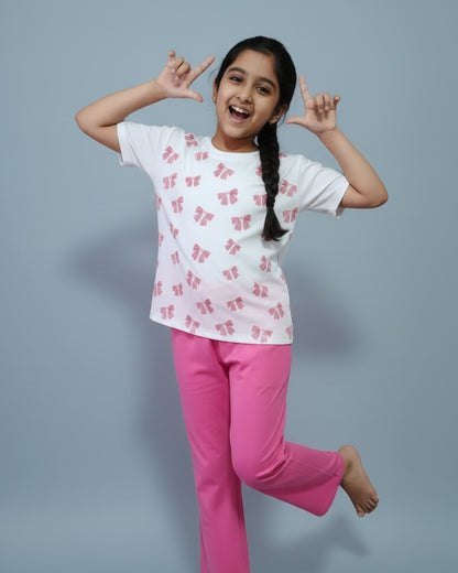 Bow Printed Premium Cotton Full Sleeves White T-Shirt with Pink Pyjama for Girls