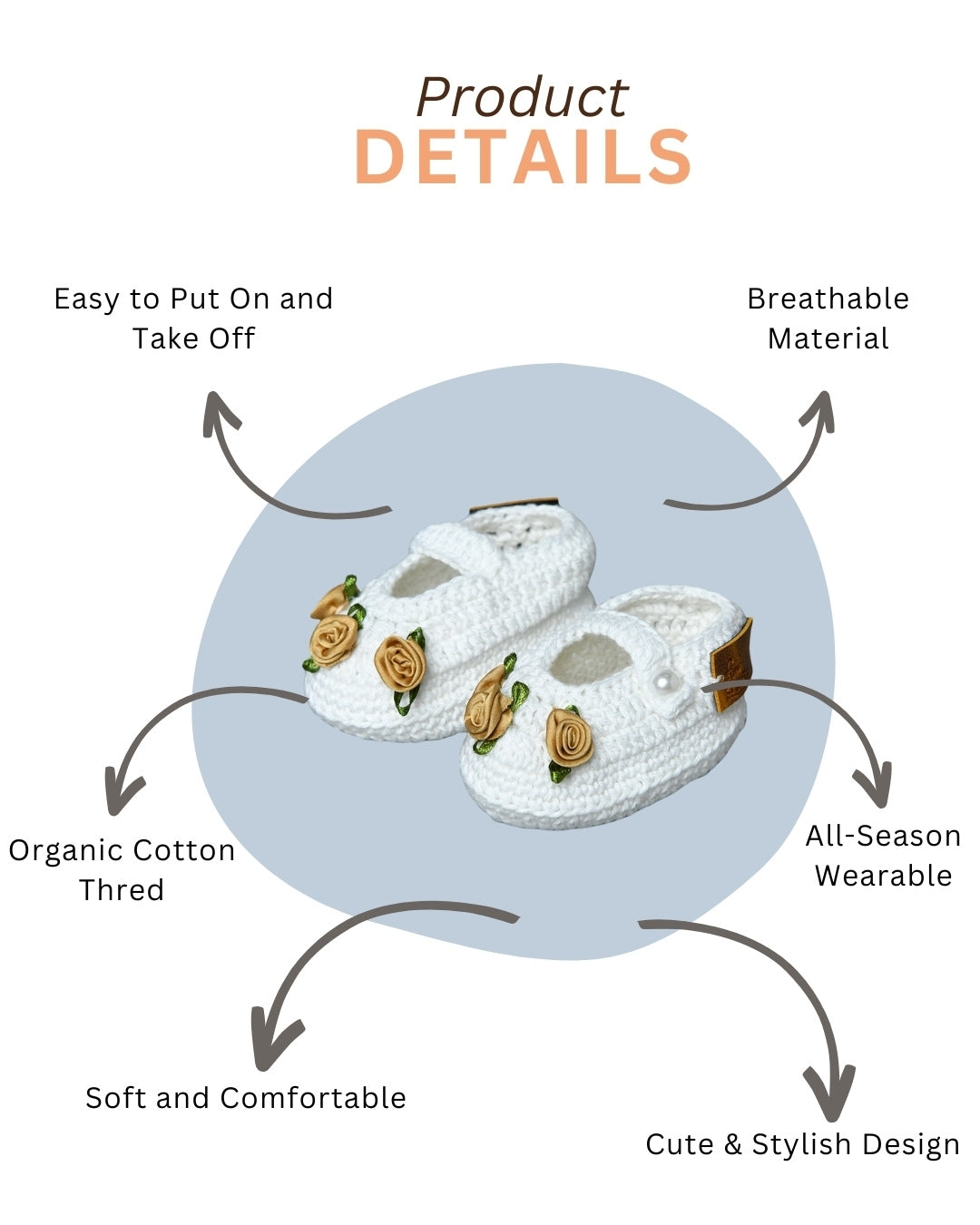 White Handmade Organic Thread Crochet Booties with Beige Floral Embellishment for Girls