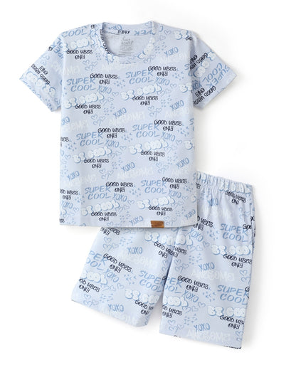 Blue Super Cool Printed Premium Cotton T-Shirt & Shorts Set with Pocket for Girls & Boys