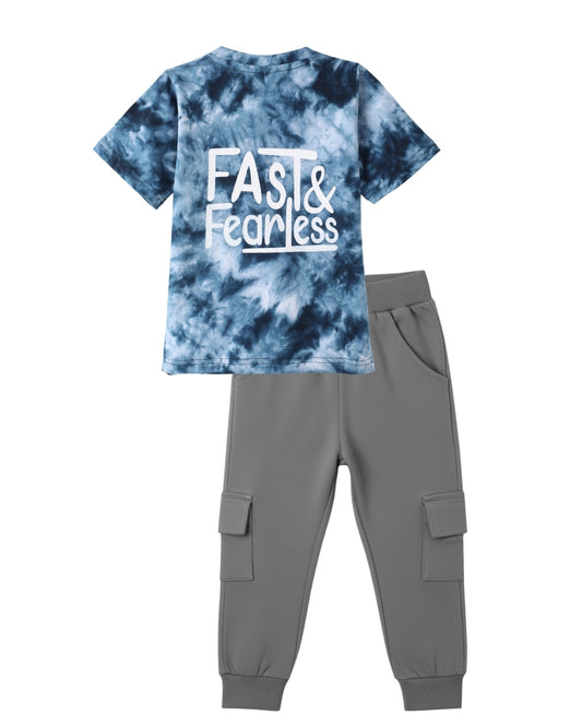 Tie & Dye Printed Premium Cotton Half Sleeves Blue T-Shirt with Grey Jogger for Boys