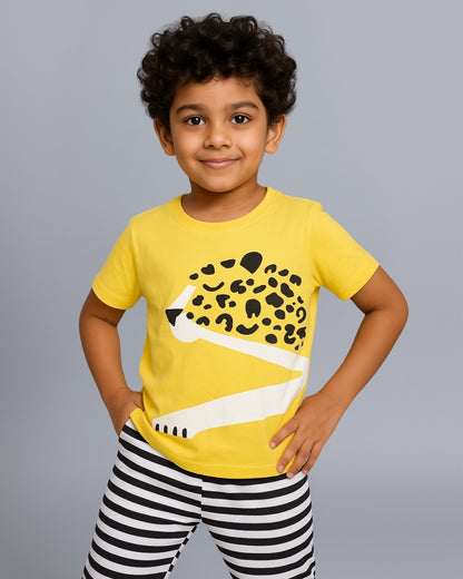 Yellow Tiger Printed Cotton Night Suit For Boys