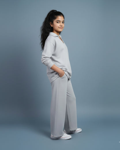 Blueish Grey Premium Cotton Full Sleeves Solid Lapel Collar Clothing Set for Girls