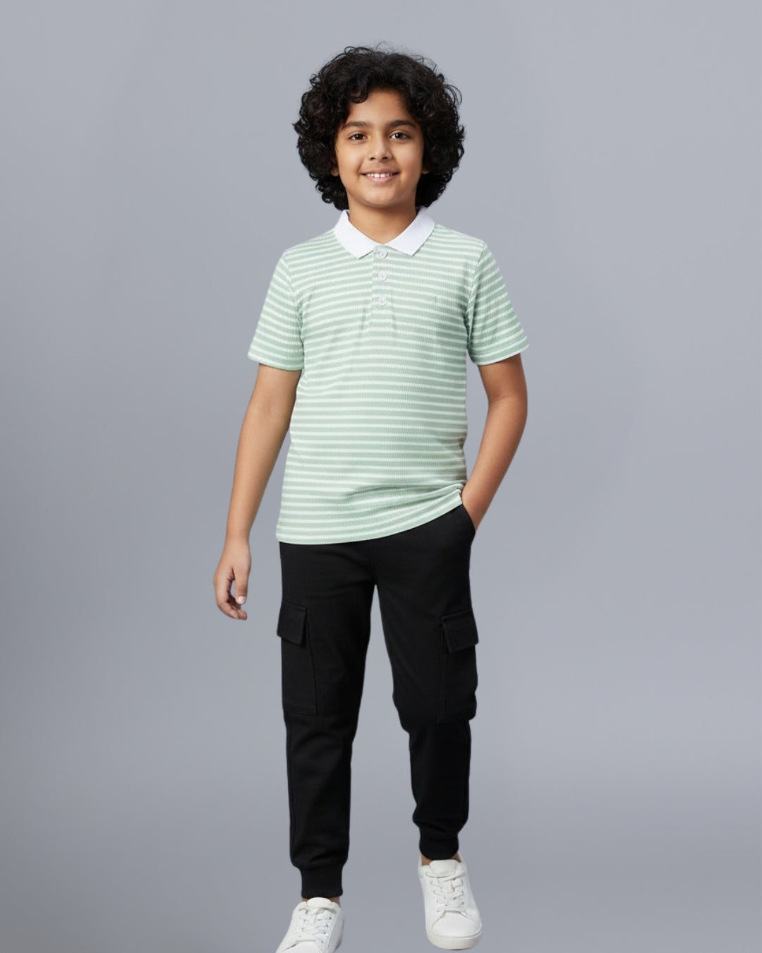 Strips Printed Premium Cotton Half Sleeves Green & White T-Shirt with Black Jogger for Boys