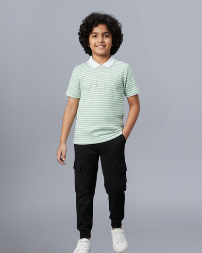 Strips Printed Premium Cotton Half Sleeves Green & White T-Shirt with Black Jogger for Boys