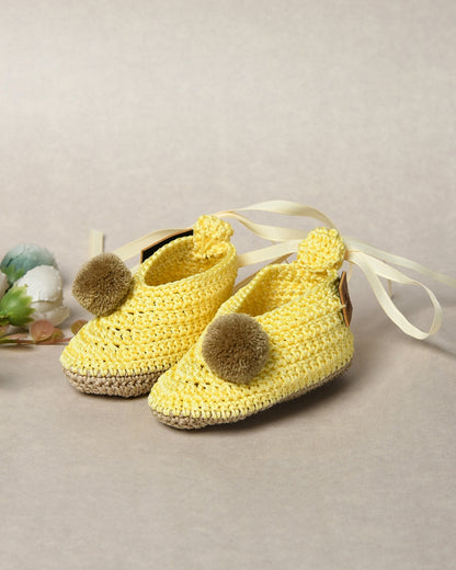 Cream Handmade Pom Pom Crochet Booties for Girls