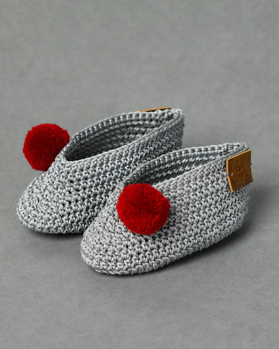 Grey Handmade Pom Pom Crochet Booties for Girls