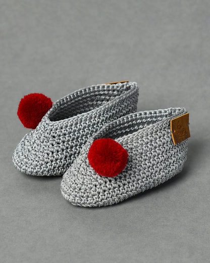 Grey Handmade Pom Pom Crochet Booties for Girls