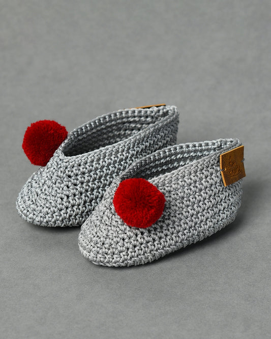 Grey Handmade Pom Pom Crochet Booties for Girls
