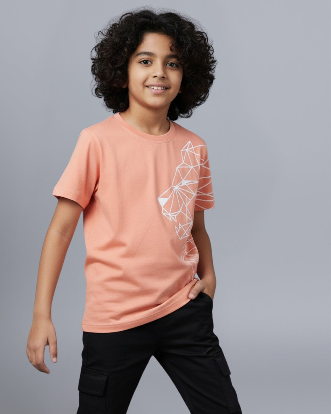 Tiger Printed Premium Cotton Half Sleeves Peach T-Shirt with Black Jogger for Boys