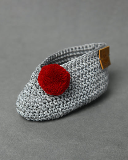 Grey Handmade Pom Pom Crochet Booties for Girls