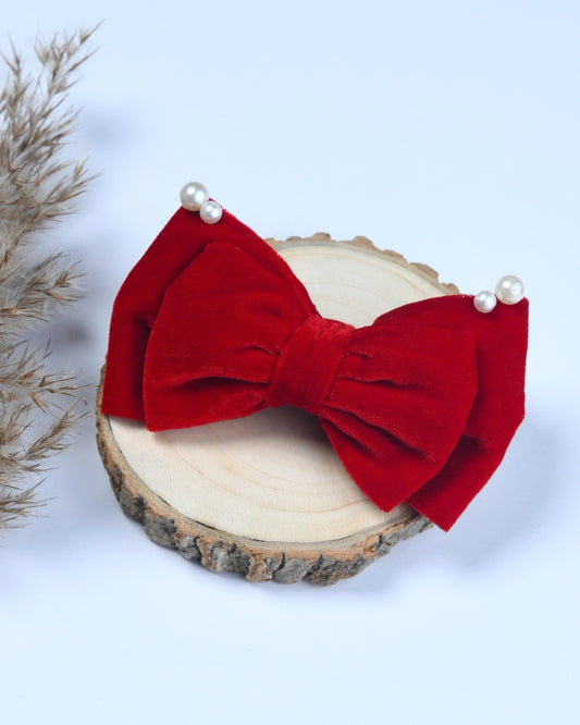 Pearl Embellished Velvet Bow - Red