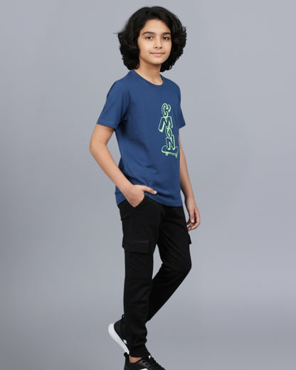 Graphic Printed Premium Cotton Half Sleeves Blue T-Shirt with Black Jogger for Boys