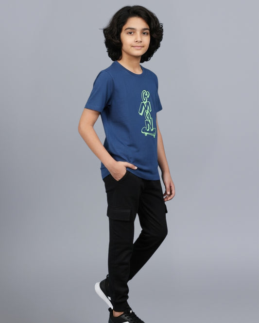 Graphic Printed Premium Cotton Half Sleeves Blue T-Shirt with Black Jogger for Boys