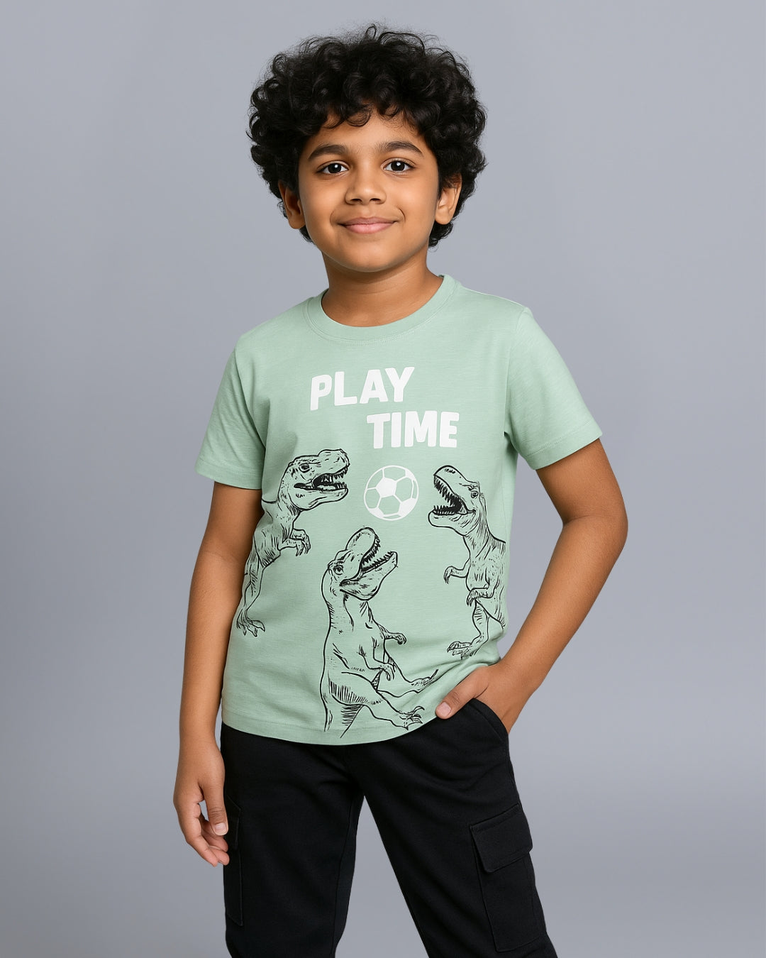 Dinosaur Printed Premium Cotton Half Sleeves Green T-Shirt with Black Jogger for Boys