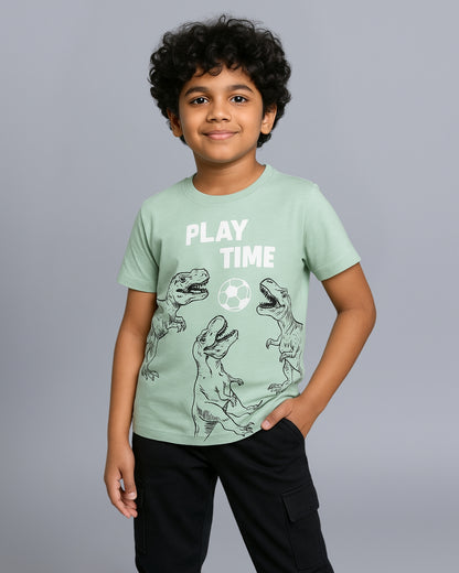 Dinosaur Printed Premium Cotton Half Sleeves Green T-Shirt with Black Jogger for Boys