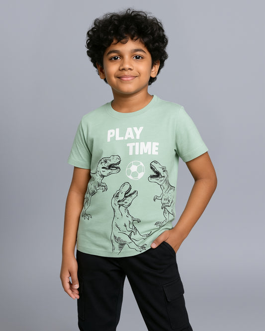 Dinosaur Printed Premium Cotton Half Sleeves Green T-Shirt with Black Jogger for Boys