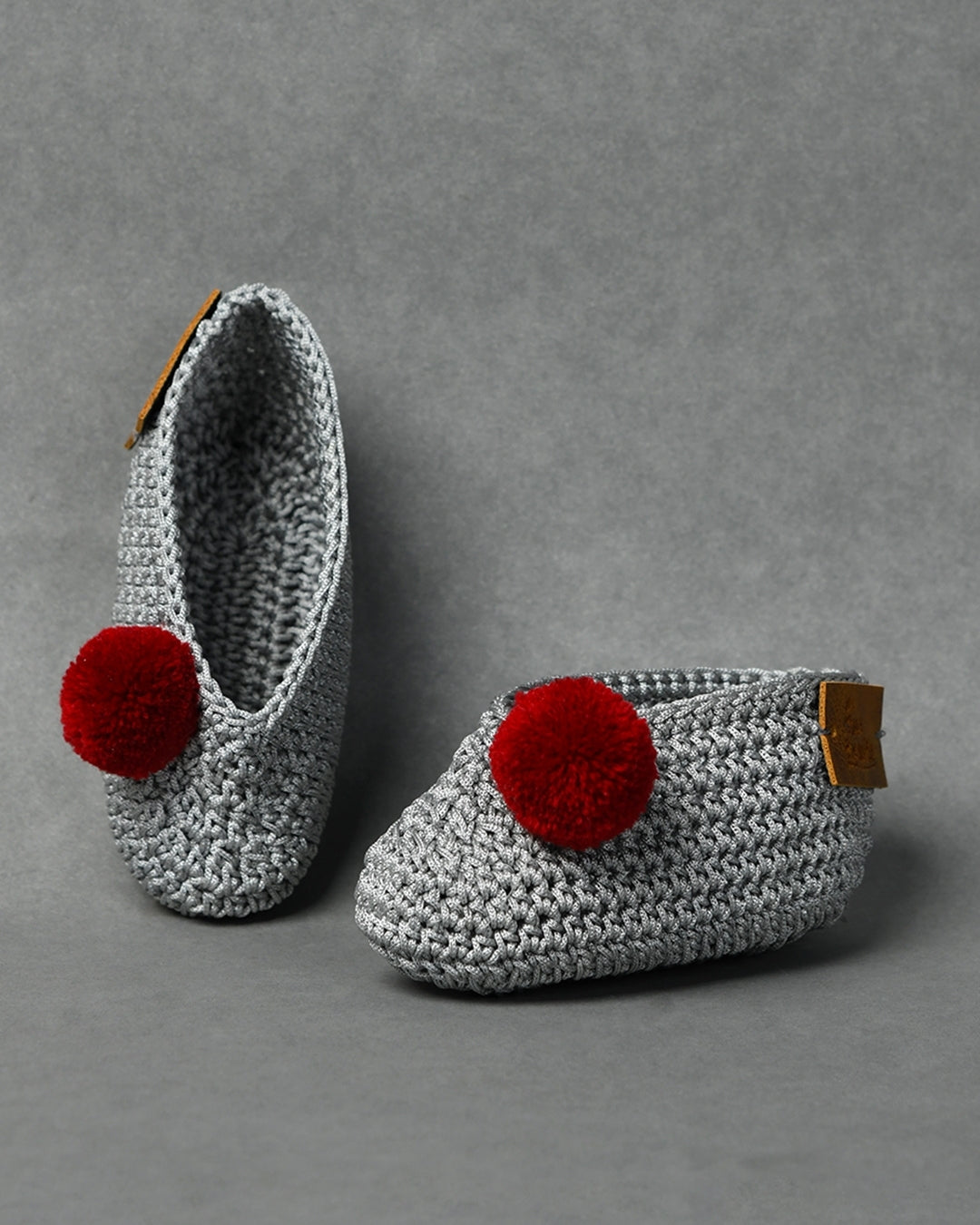 Grey Handmade Pom Pom Crochet Booties for Girls